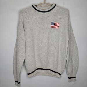 Pro Elite Vtg Sweater Large Men Cream Textured Cotton Knit America Flag Patch‎